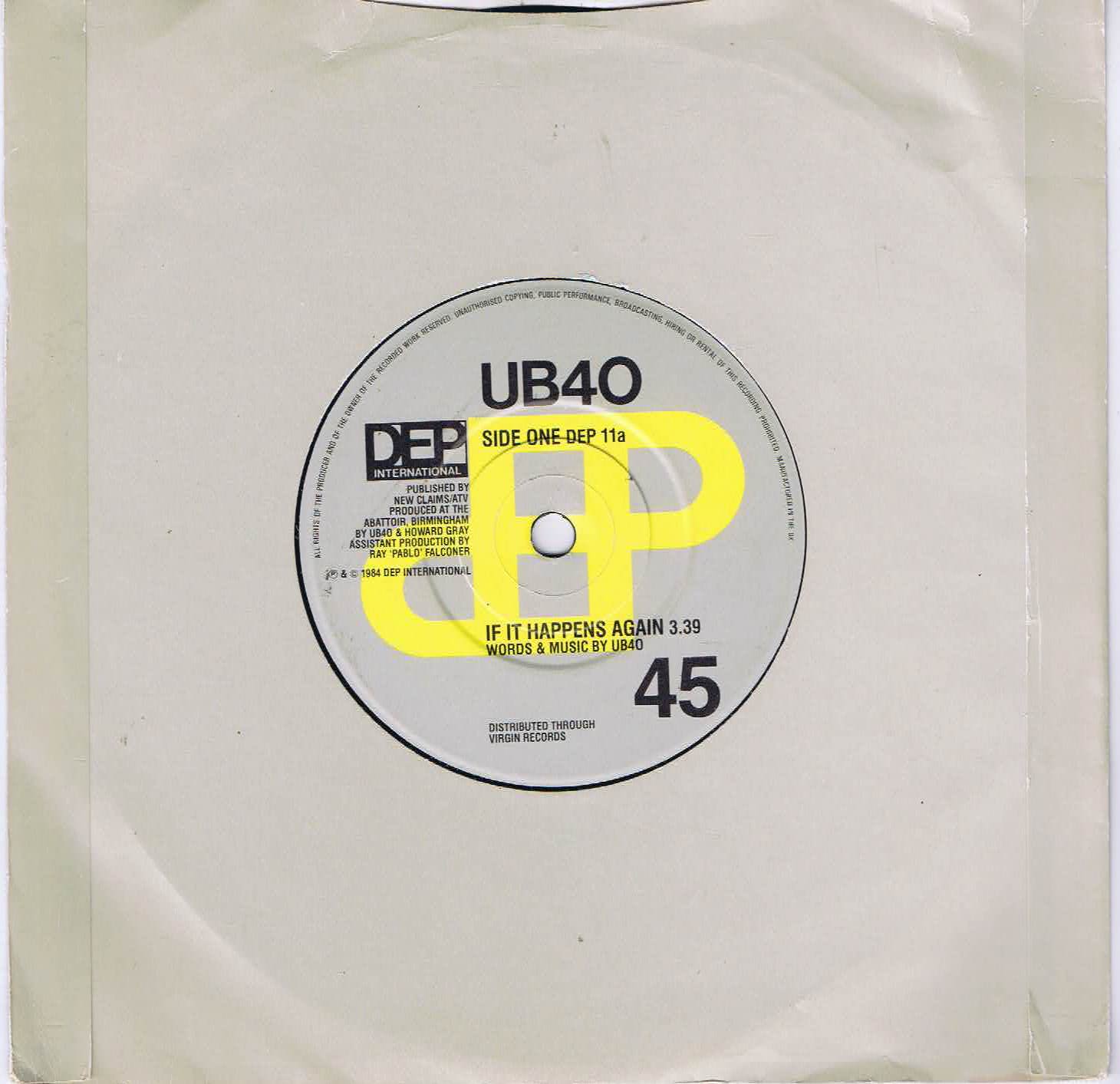 UB40 - If It Happens Again - DEP 11 – 7-inch Vinyl Record