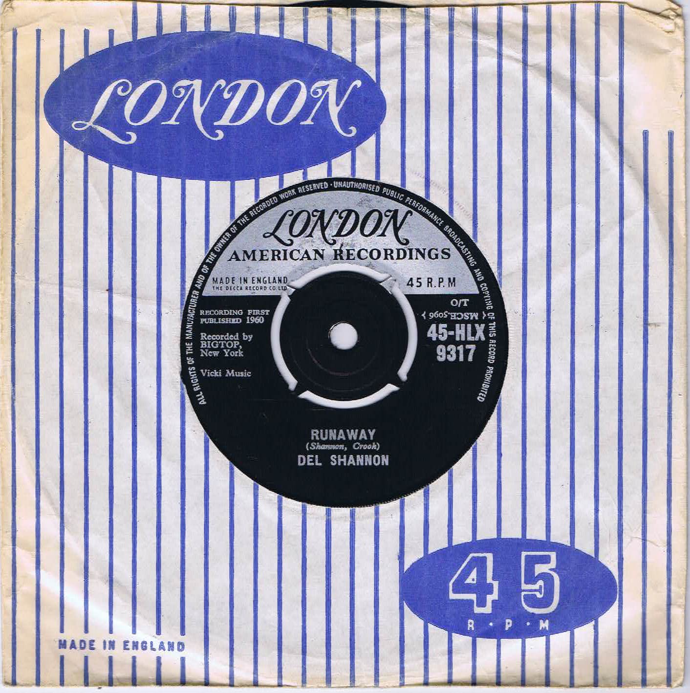 Del Shannon - Runaway - 45-HLX 9317 - 7-inch Vinyl Record