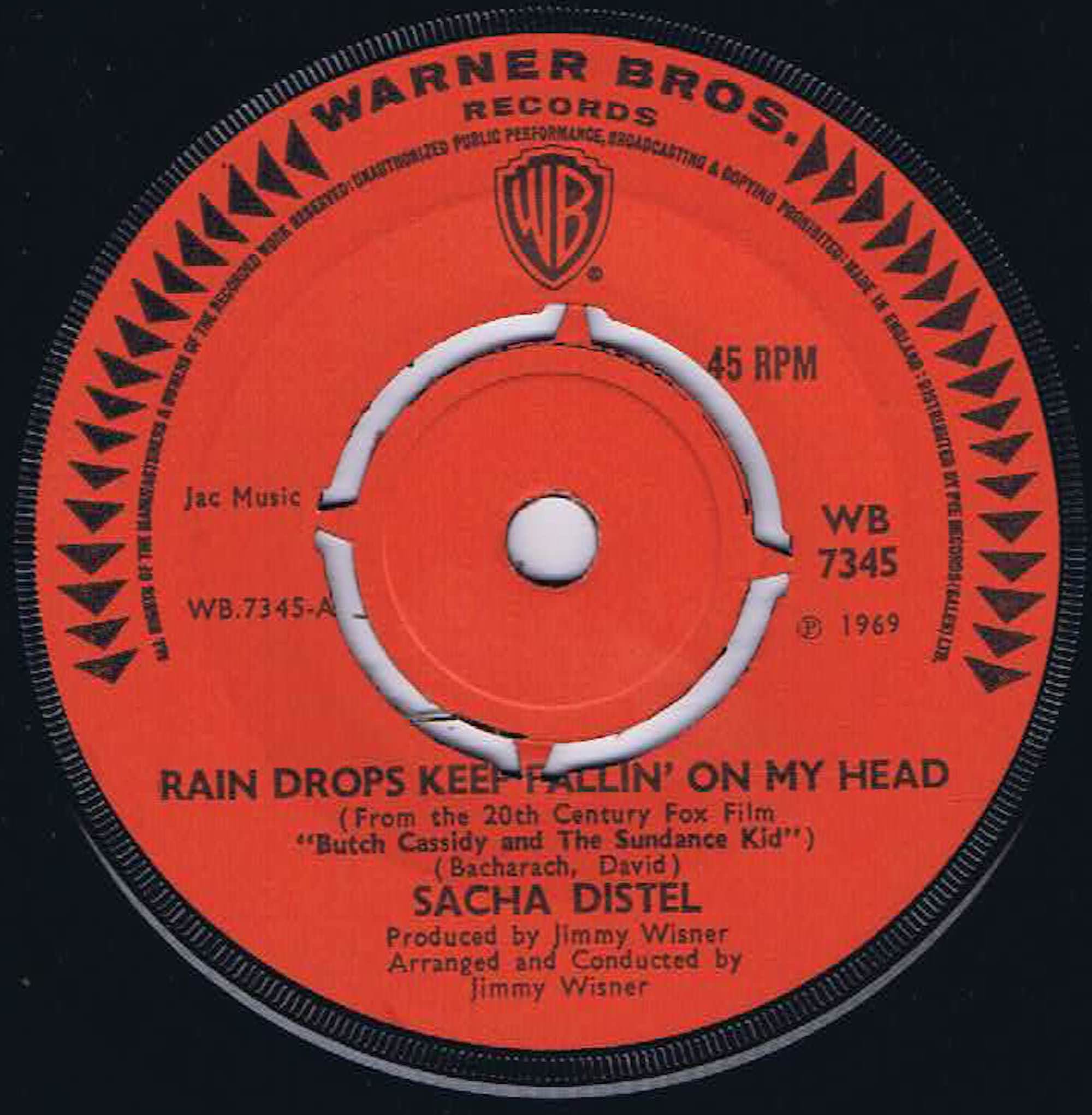 Sacha Distel – Rain Drops Keep Fallin' On My Head - WB 7345 - 7-inch Record