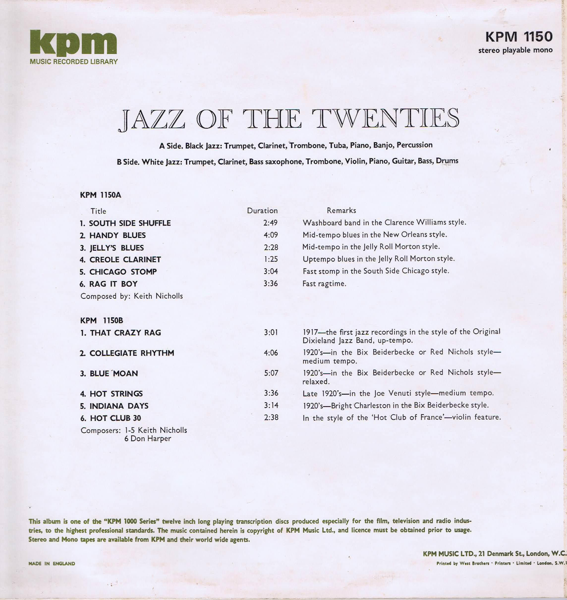 Keith Nicholls / Don Harper - Jazz Of The Twenties - KPM 1150 - Library Music LP Keith Nicholls / Don Harper - Jazz Of The Twenties - KPM 1150 - Library Music LP
