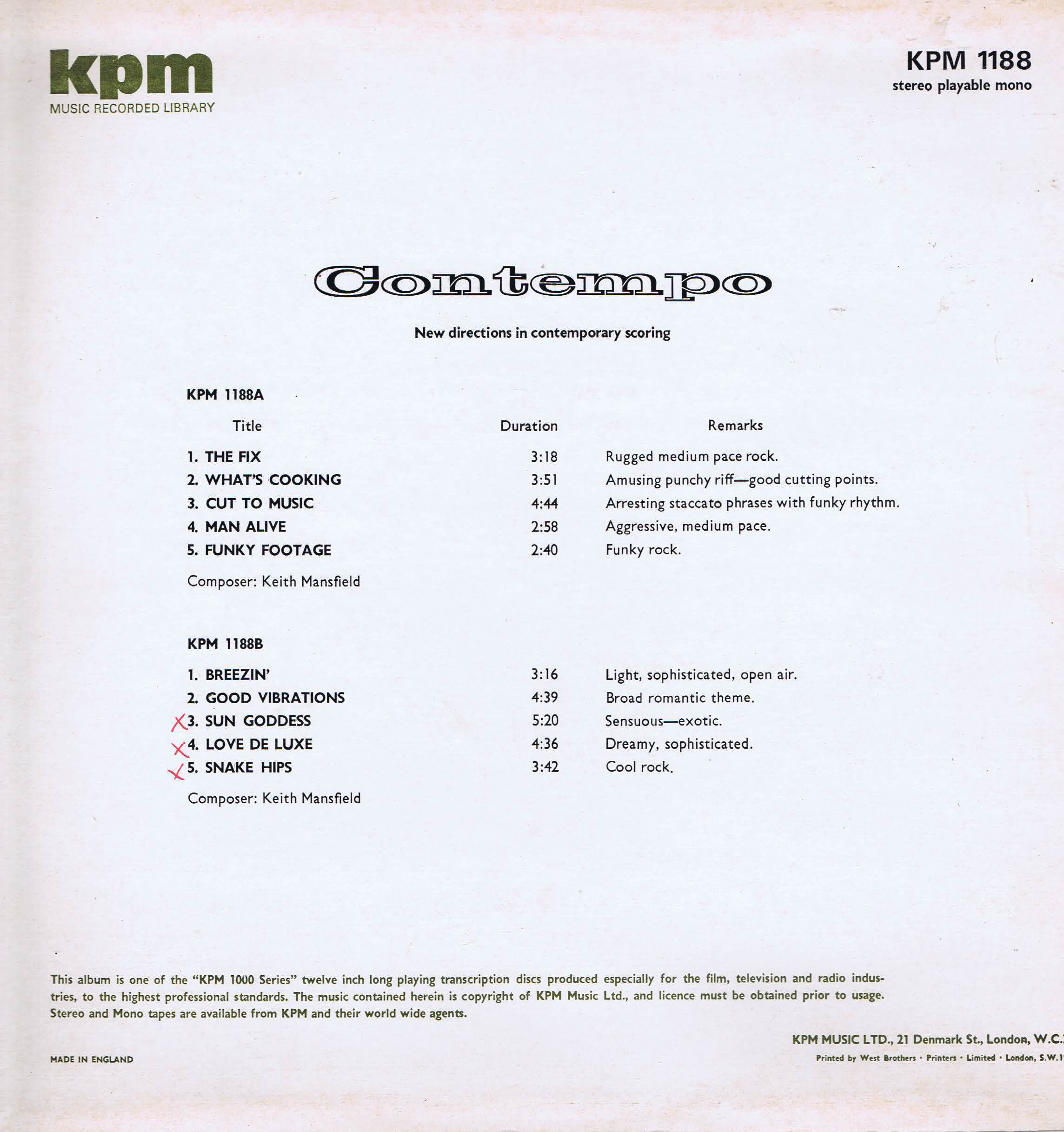 Keith Mansfield - Contempo - KPM 1188 - Library Production Music LP Keith Mansfield - Contempo - KPM 1188 - Library Production Music LP