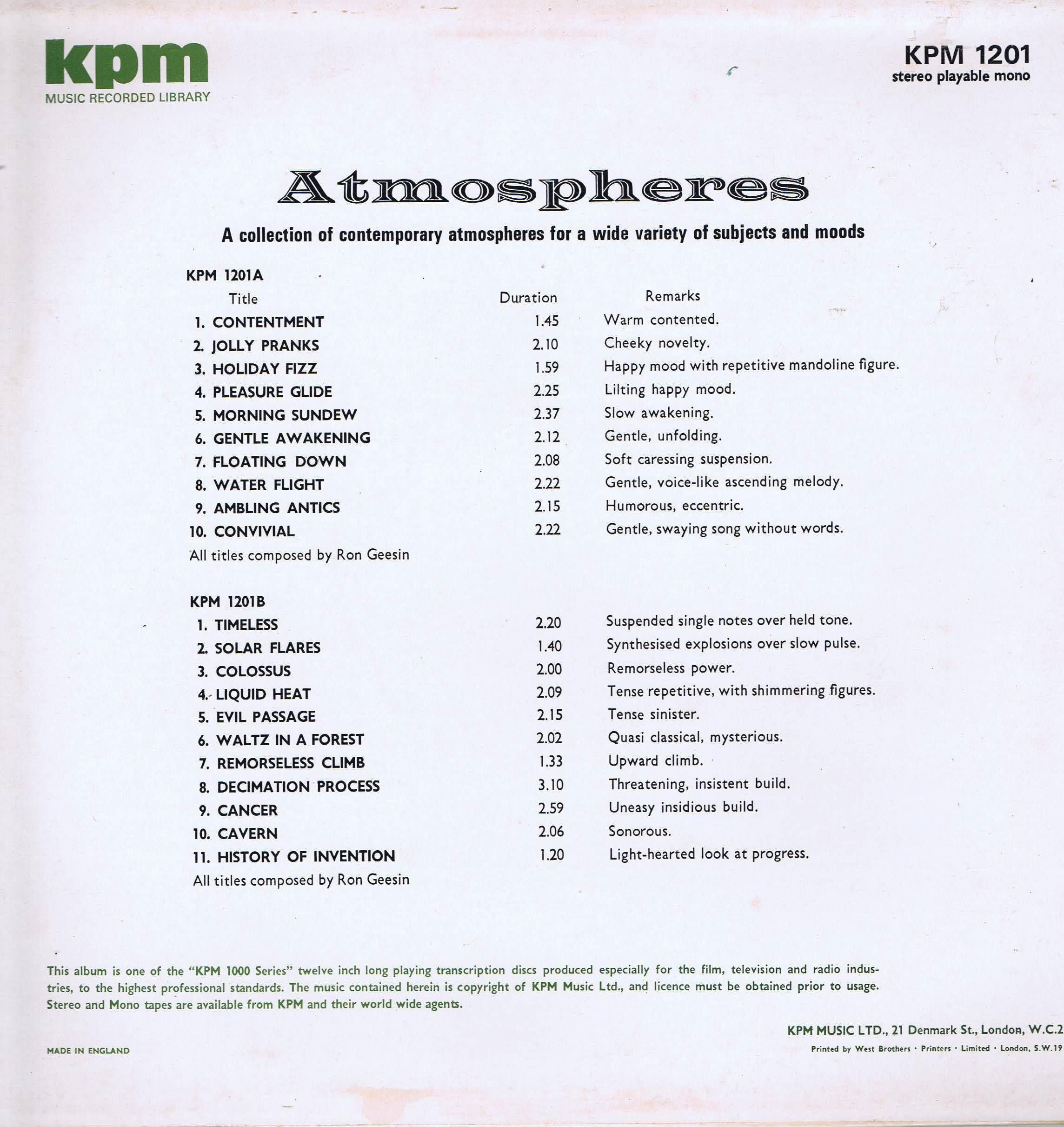 Ron Geesin - Atmospheres - KPM 1201 - Library Production Music LP Ron Geesin - Atmospheres - KPM 1201 - Library Production Music LP