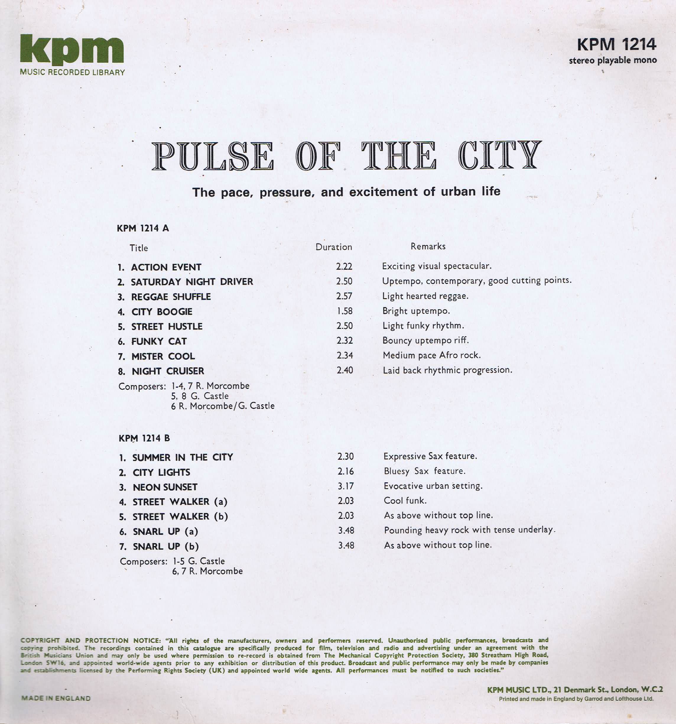 Rick Morcombe / Geoff Castle – Pulse Of The City - KPM 1214 - Library Music LP Rick Morcombe / Geoff Castle – Pulse Of The City - KPM 1214 - Library Music LP