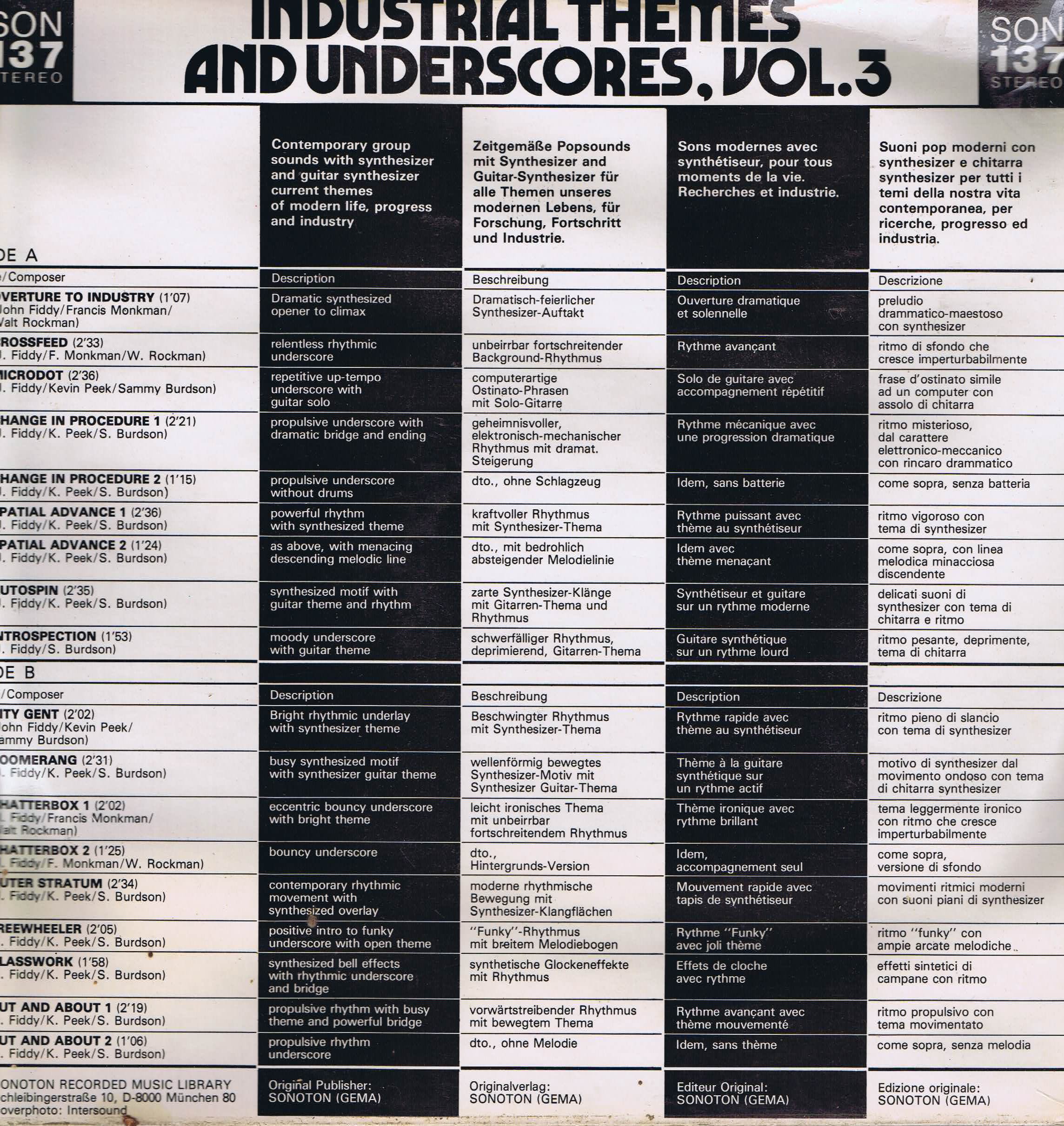 John Fiddy – Industrial Themes & Underscores Vol. 3 - SON 137 Library Music LP John Fiddy – Industrial Themes & Underscores Vol. 3 - SON 137 Library Music LP