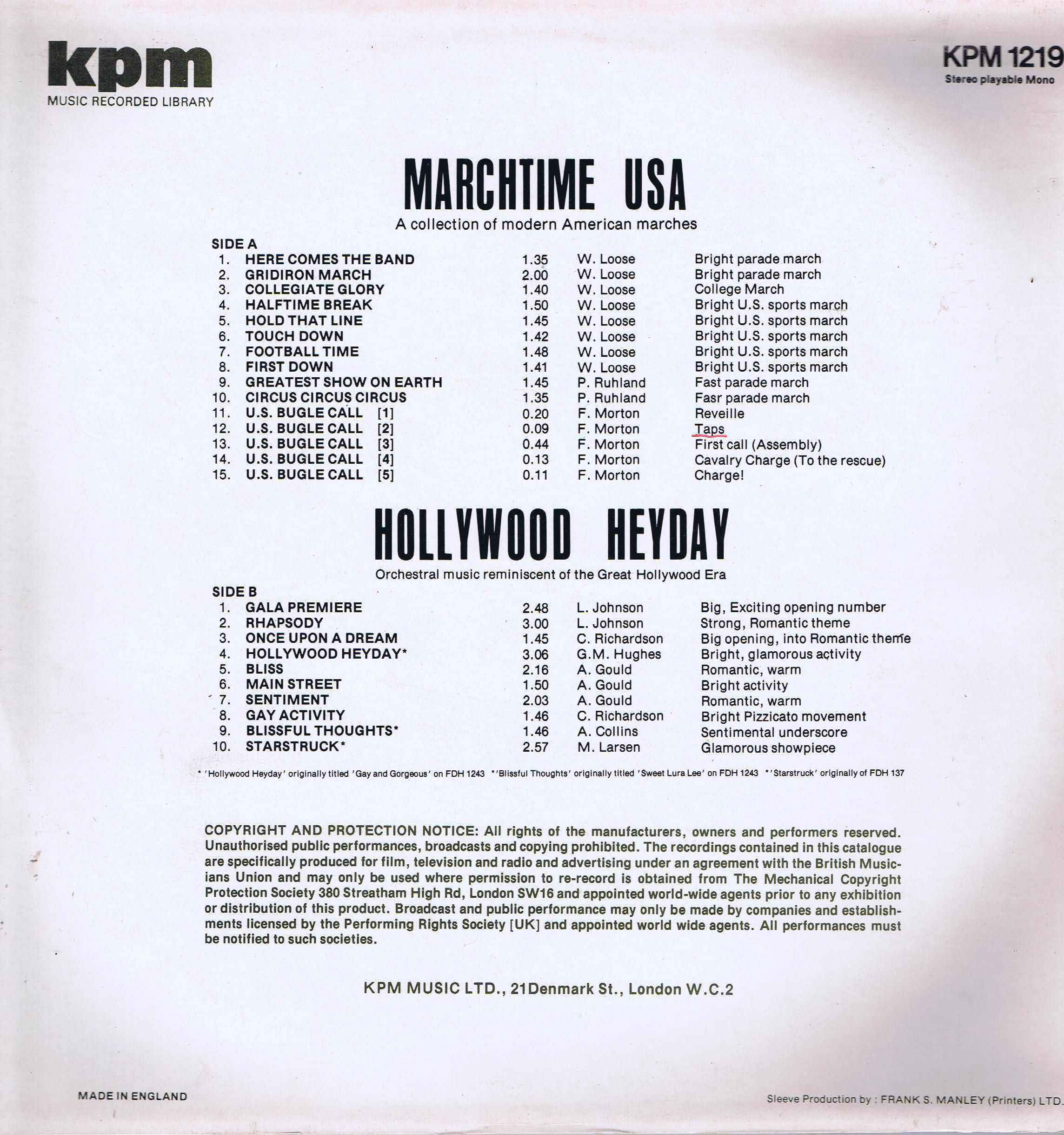 Marchtime USA - Hollywood Heyday - KPM 1219 - Library Music LP Marchtime USA - Hollywood Heyday - KPM 1219 - Library Music LP