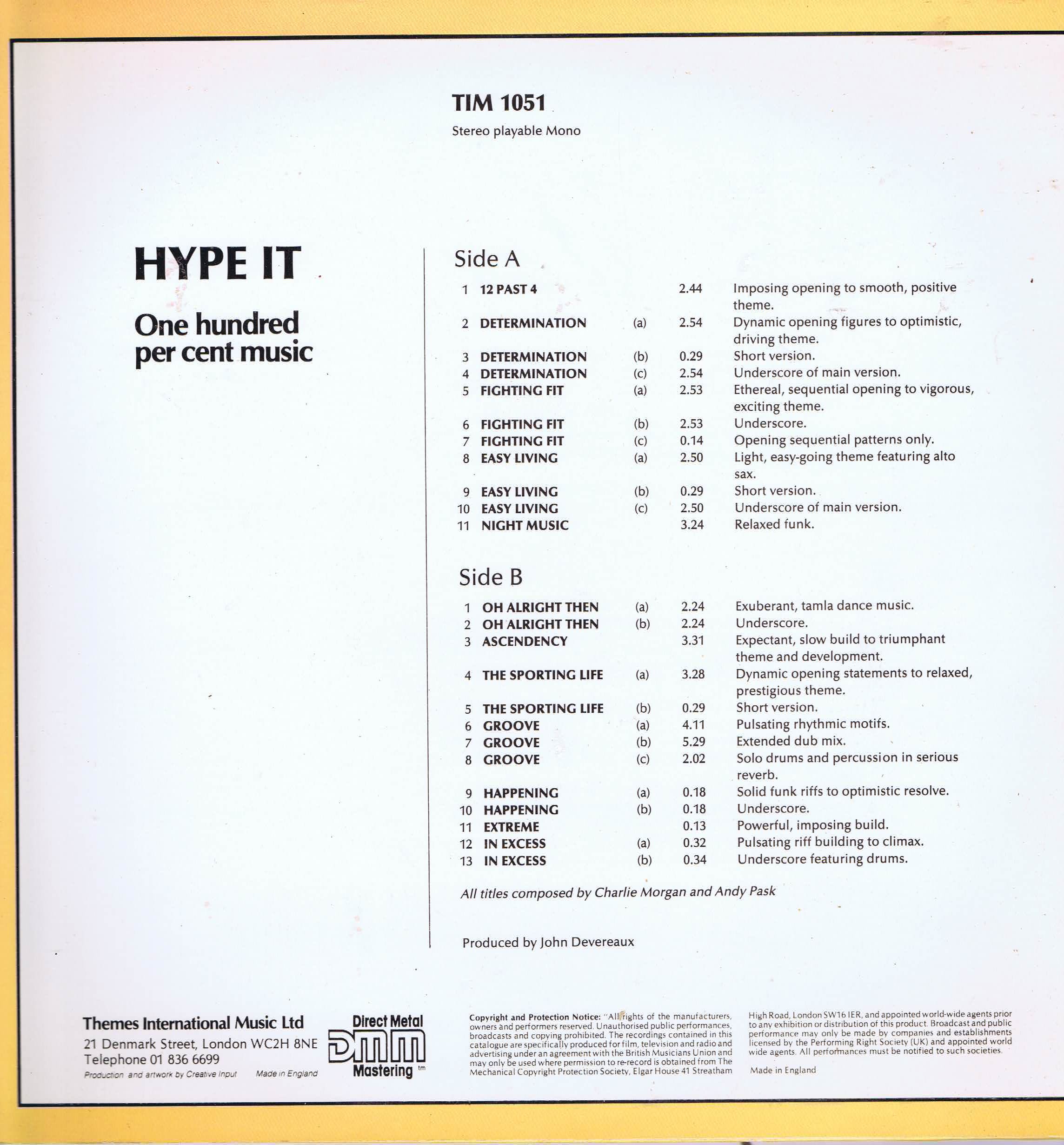 Andy Pask & Charlie Morgan – Hype It - TIM 1051 – Library Production Music LP