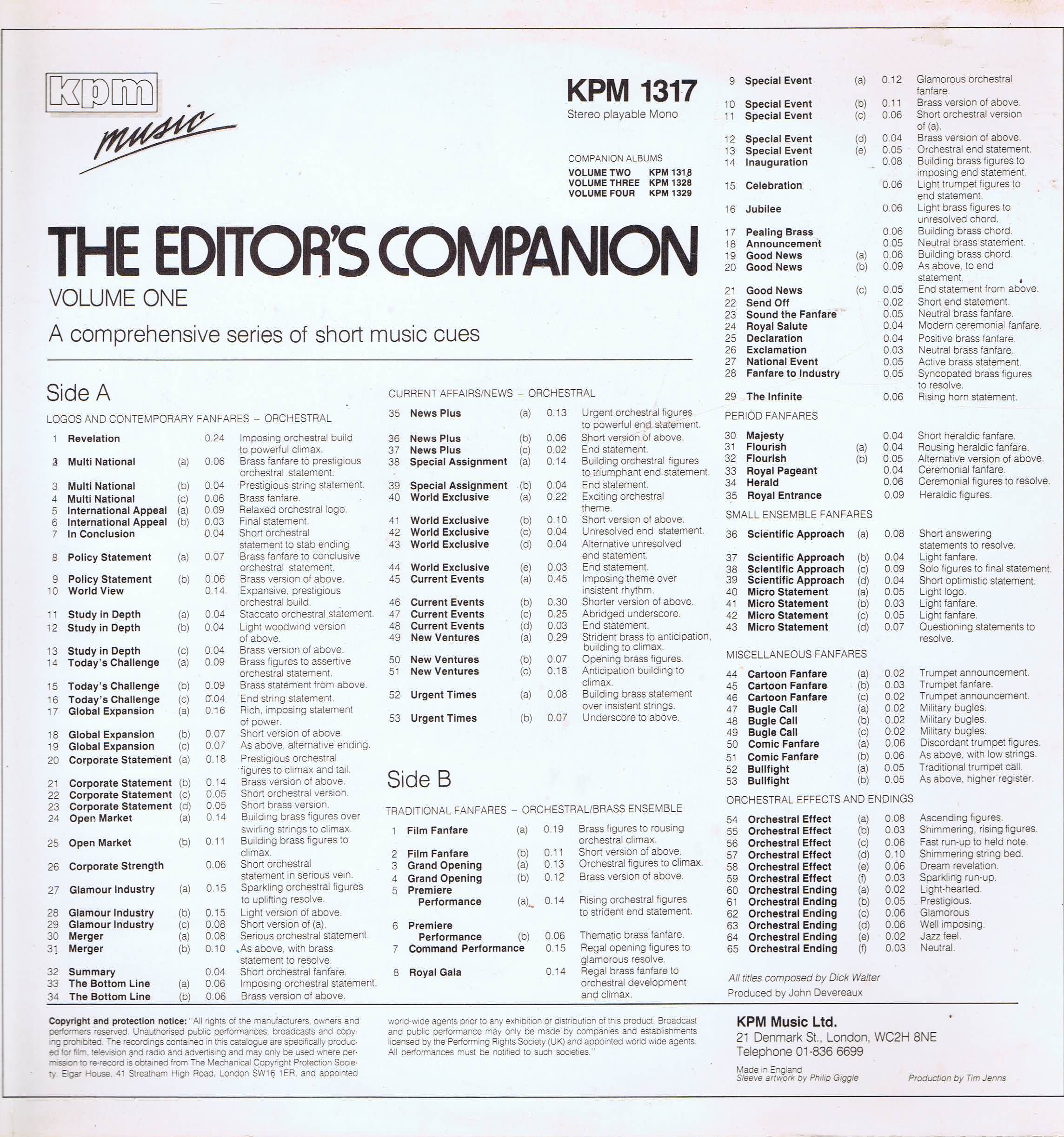 Dick Walter - The Editor's Companion 1 - KPM 1317 - Library Production Music LP Dick Walter - The Editor's Companion 1 - KPM 1317 - Library Production Music LP