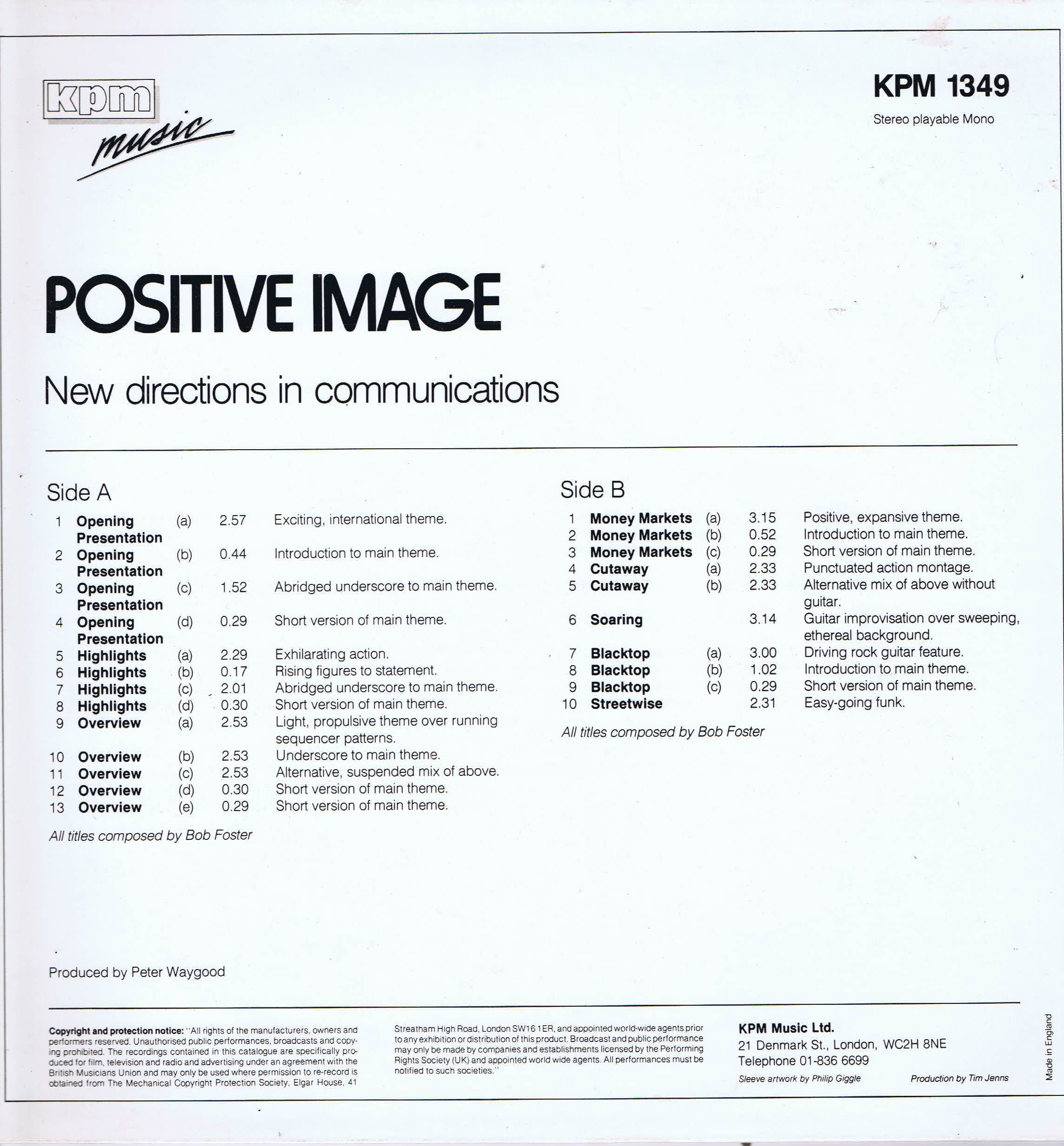 Bob Foster - Positive Image - KPM 1349 - Library Production Music LP Bob Foster - Positive Image - KPM 1349 - Library Production Music LP