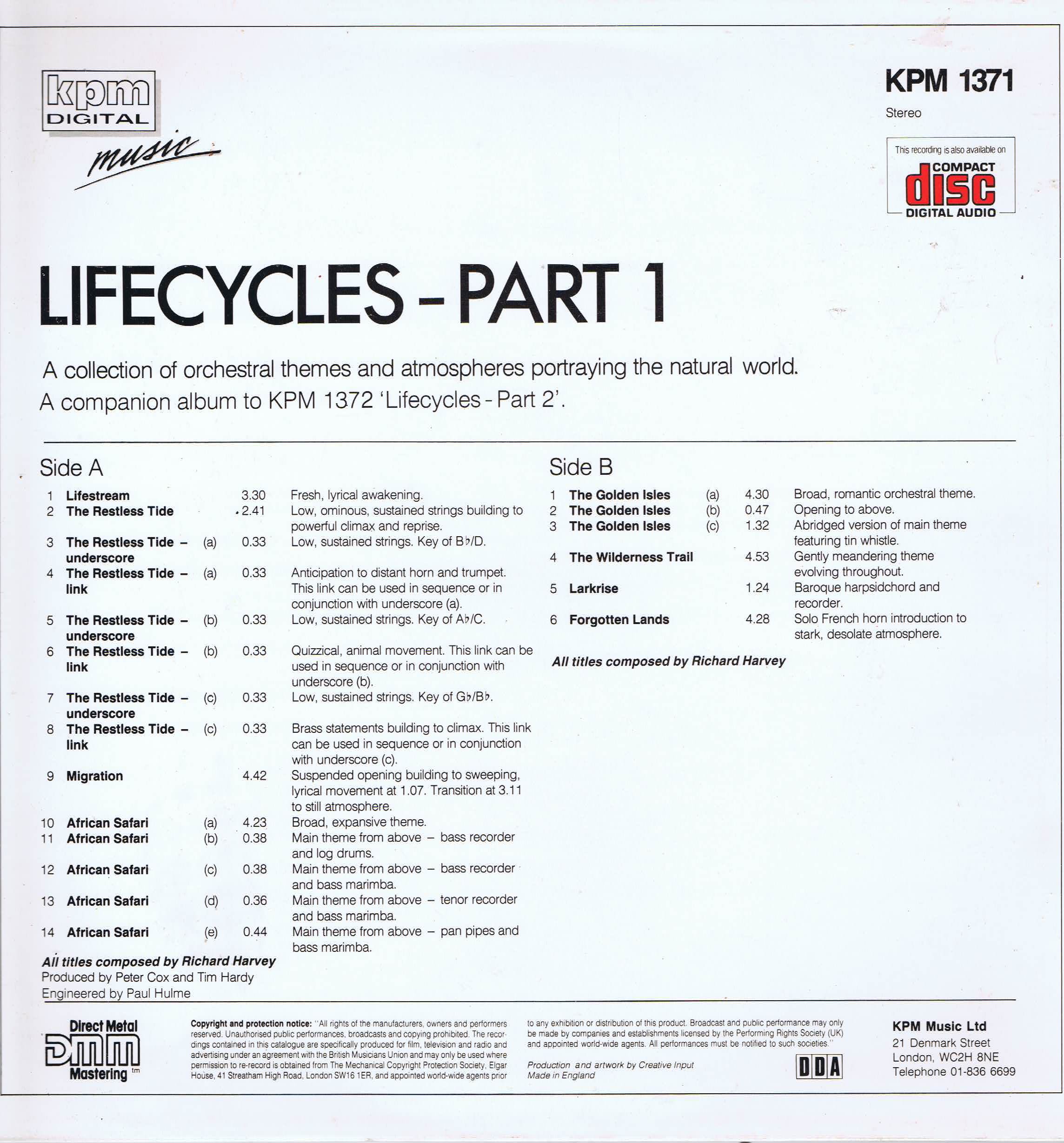 Richard Harvey - Life Cycles Part 1 - KPM 1371 - Library Production Music LP Richard Harvey - Life Cycles Part 1 - KPM 1371 - Library Production Music LP