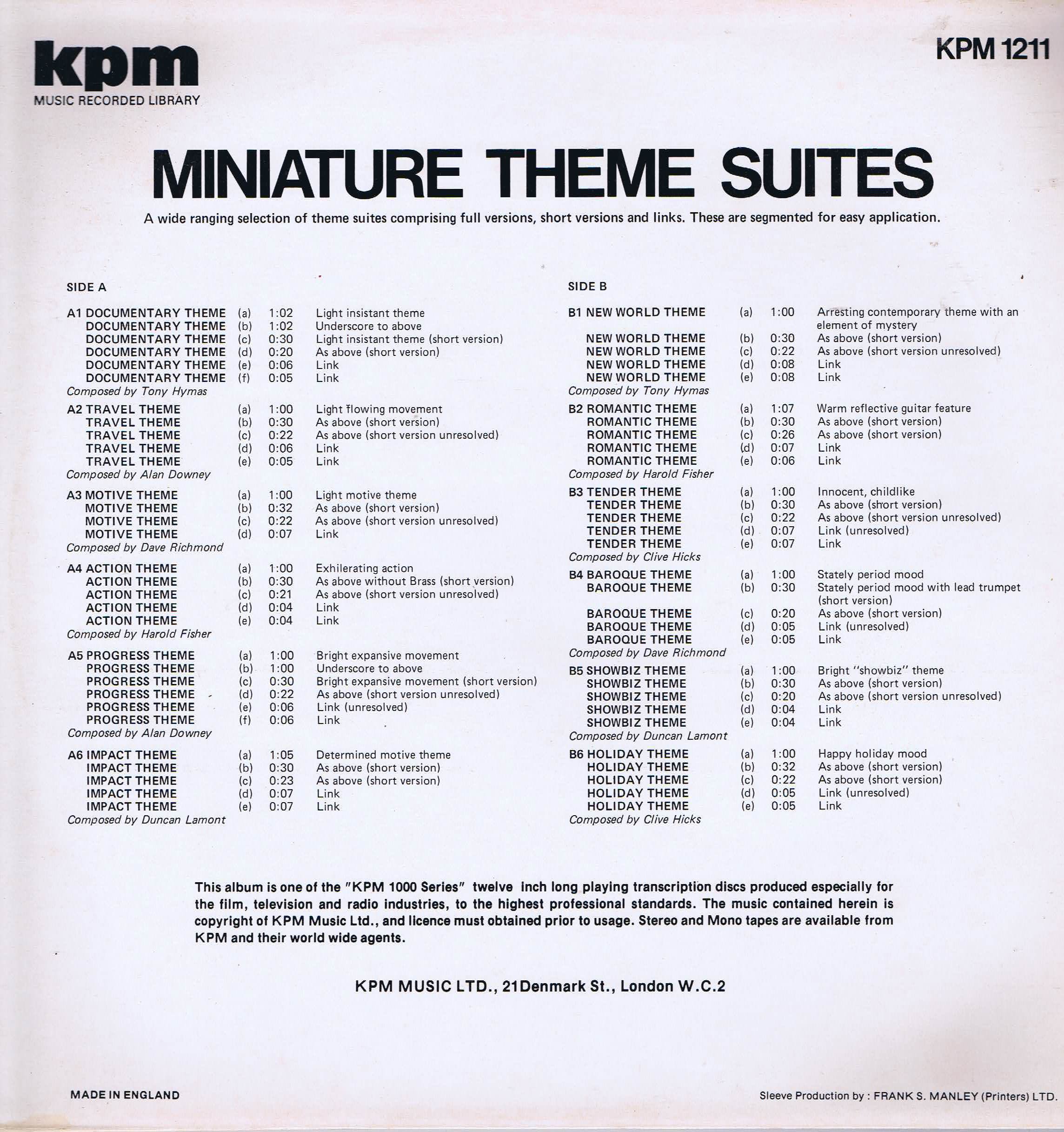 Miniature Theme Suites - KPM 1211 - Library Production Music LP Miniature Theme Suites - KPM 1211 - Library Production Music LP