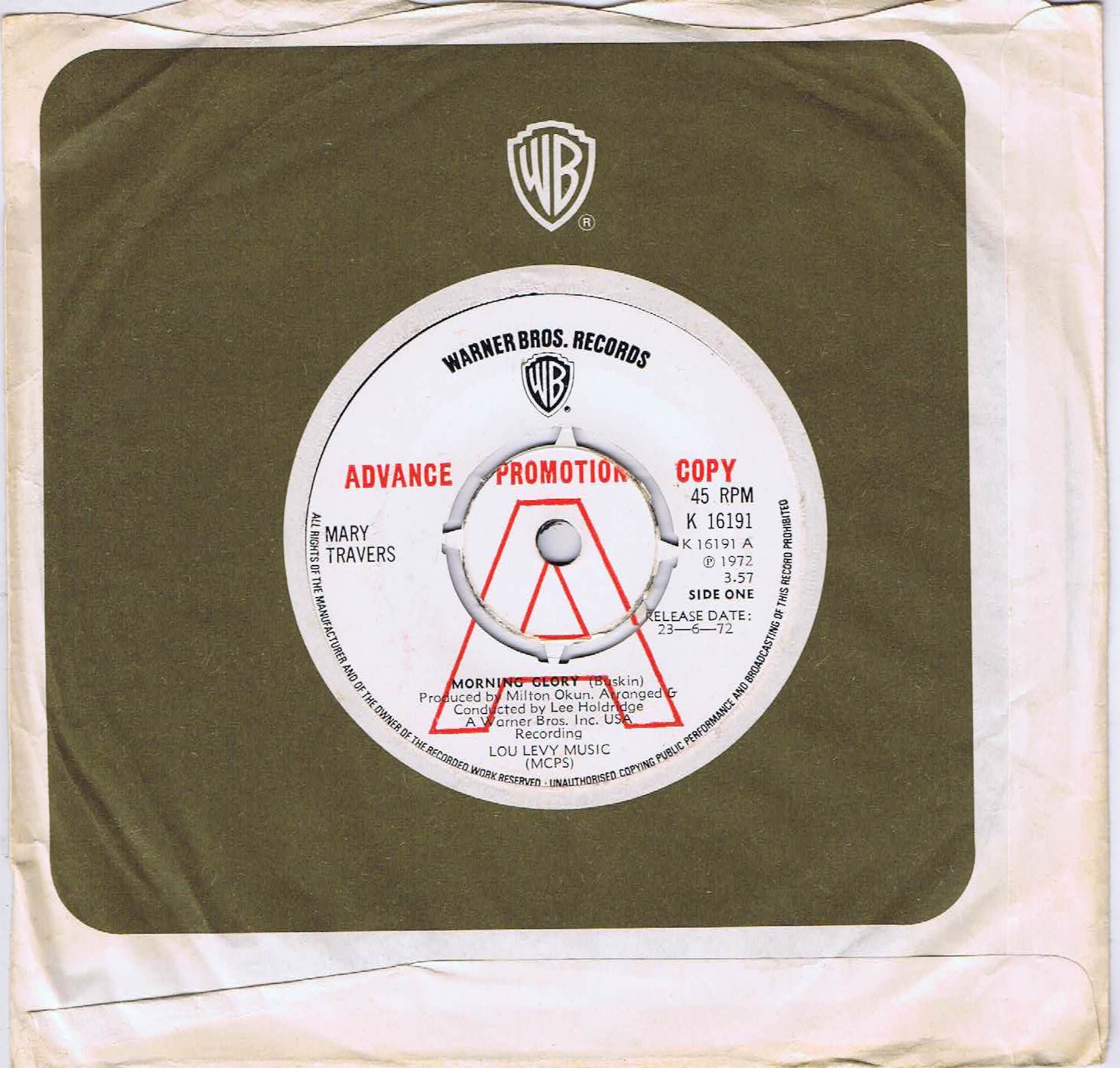 Mary Travers - Morning Glory - K 16191 - Promo - 7-inch Vinyl Record
