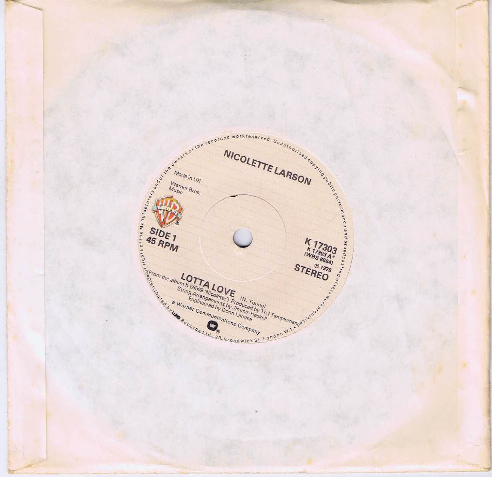 Nicolette Larson – Lotta Love - K 17303 - 7-inch Vinyl Record
